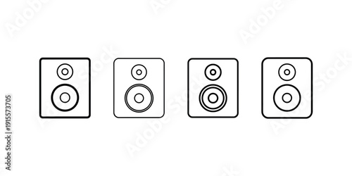 Speaker vector icon set, loudspeaker sign, stereo system, sound system in thin line design, sound box symbol, music speaker, audio equipment