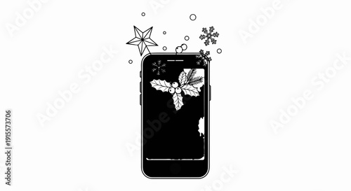 Festive smartphone with holly, snowflakes, and star