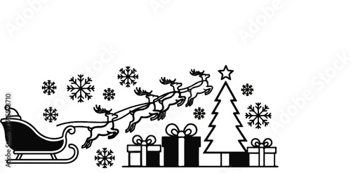 Festive sleigh pulled by reindeer, gifts, snowflakes, and a Christmas tree