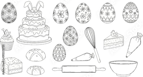 Easter baking assortment decorated eggs, tiered cake, cupcake, cake slices, breads, rolling pin