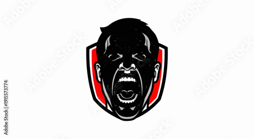 Fierce black head with open mouth and red shield