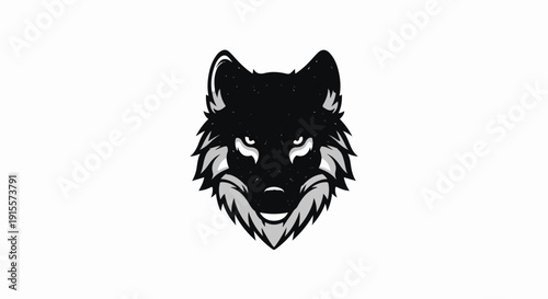 Fierce black wolf head with glowing white eyes on white background