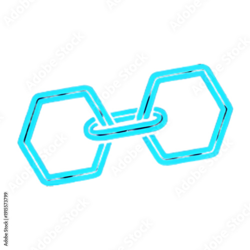 Two distinct hexagons are interconnected by a central looping link in a simple blue line art style.