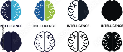 Eight diverse brain icons symbolizing intelligence in various styles and colors