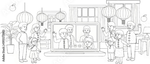 Family celebrates holiday virtually via video call, wearing traditional clothing