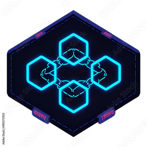 Four glowing blue hexagonal outlines are interconnected within a dark blue, tech-inspired shield or badge, suggesting advanced technology.