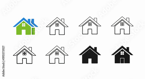 Eight house icons, one colorful, others in outline or silhouette