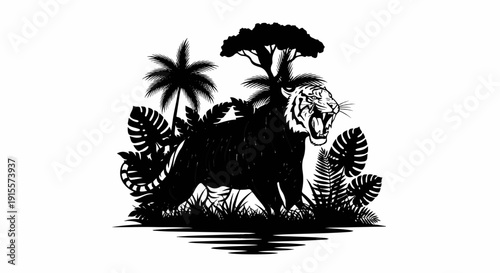 Fierce tiger roars amidst lush tropical jungle foliage and trees