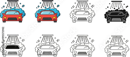 Eight icon variations of a car receiving a bubbly wash from an overhead shower