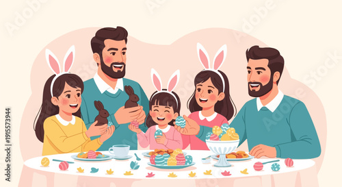 Family enjoying Easter festivities with decorated eggs and chocolate bunnies