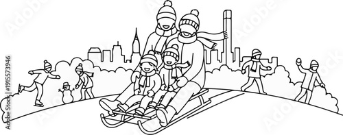 Family enjoying winter fun with sledding, skating, snowmen, and snowball fights