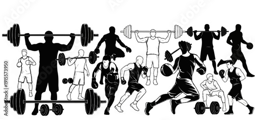 Dynamic silhouettes and line drawings depict athletes engaged in weightlifting and boxing