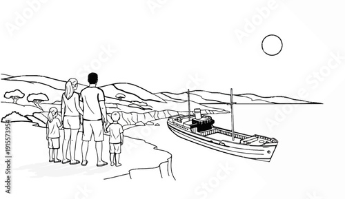 Family observing a ship on a sunny day by the coast
