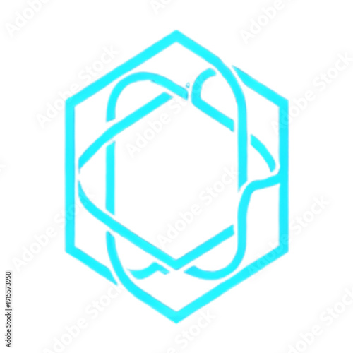 A single blue hexagonal outline encases an elegant, intertwined looping design within its borders on a clean white background.