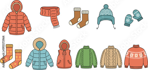 Horizontal set of winter clothing icons including puffer jackets, sweaters, scarves, and mittens in flat vector style,