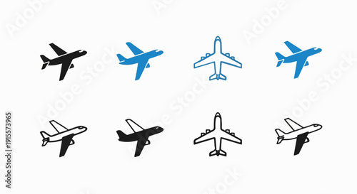 Eight stylized airplane icons in black and blue, solid and outline