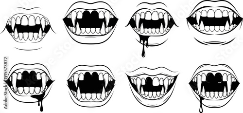 Eight sets of cartoon vampire mouths with sharp fangs and some dripping