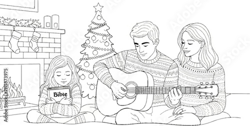 Family enjoys Christmas Eve with Bible and guitar by the fireplace and tree