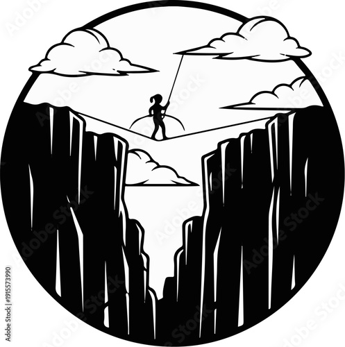 Figure balances on tightrope between cliffs with clouds above