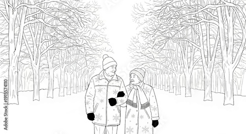 Elderly couple walks arm-in-arm through a snow-covered forest path
