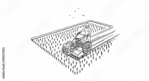 Farmer operates tiller in rice paddy