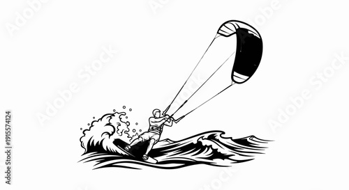 Dynamic black and white illustration of a person kitesurfing over waves