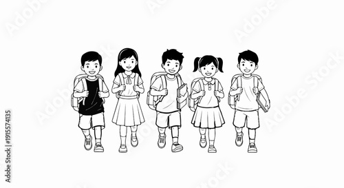 Diverse group of children walking happily with backpacks and books