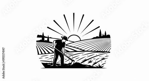 Farmer toiling in a sunlit field with a hoe, tilling the soil