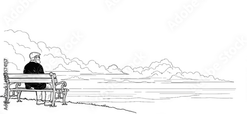 Elderly man in cap on bench overlooks vast cloudy sky and water