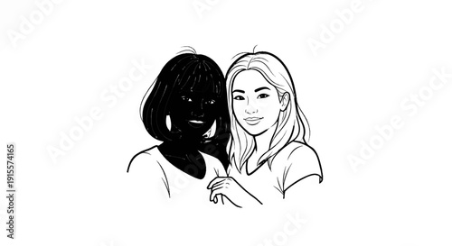 Diverse friendship, smiling women, one with dark skin, one with light