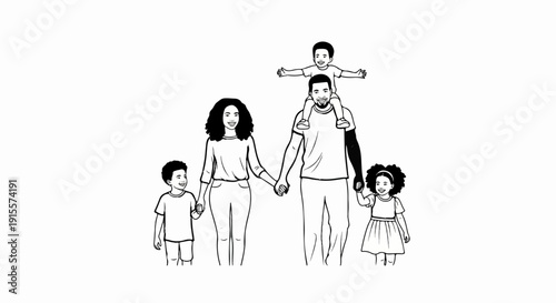 Diverse family with children holding hands, one child on shoulders