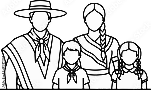 Diverse family group depicted in a culturally-inspired drawing with traditional attire