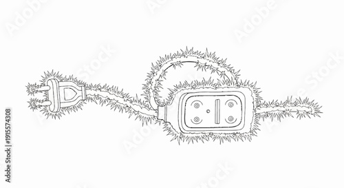 Electrical plug and socket entwined with spiky plant, sparking