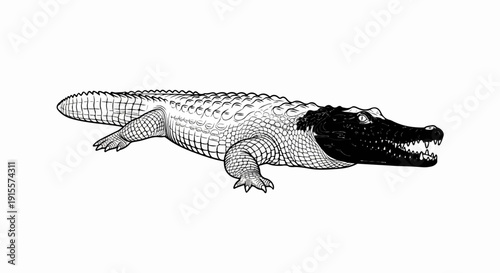 Detailed line art of a menacing alligator, open-mouthed, on a white background