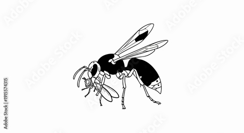 Detailed line art shows a large wasp carrying a smaller insect