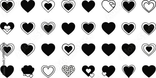 Diverse collection of black heart shapes with varying outlines and internal details