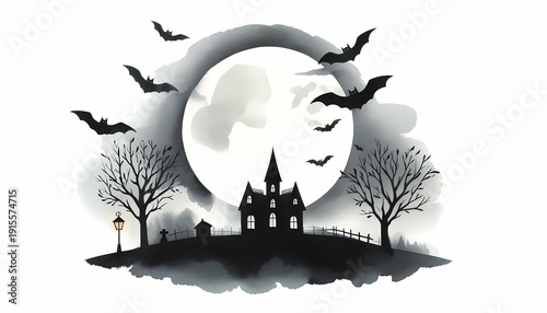 Spooky haunted house under full moon with bats flying overhead