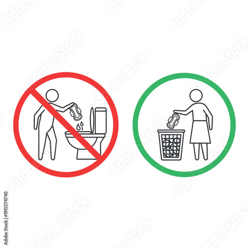Vector illustration of do not throw trash in toilet and proper disposal icons