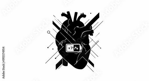 Black silhouette of a human heart with a low battery indicator, surrounded by abstract lines and dots, symbolizing low energy or burnout.