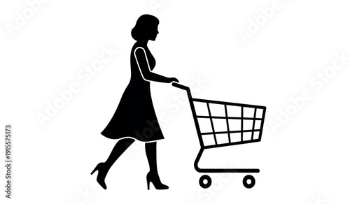 Black silhouette of a woman pushing a shopping cart