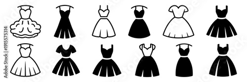A diverse collection of various dress styles in black and white outlines provides elegant fashion design options.