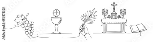 Minimalist line art set of religious catholic symbols including eucharist grapes altar and palm branch