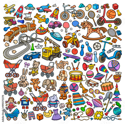 Cartoon cute doodles hand drawn kids toys objects set. Funny artwork.