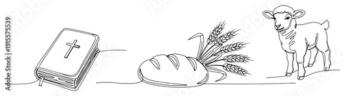 Minimalist continuous one line illustration of the holy bible bread with wheat and a lamb