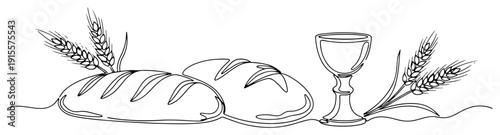 Continuous one line drawing of bread loaves wheat ears and a holy communion chalice