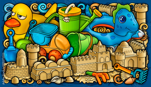 Cartoon cute doodles hand drawn summer beach children's entertainment illustration