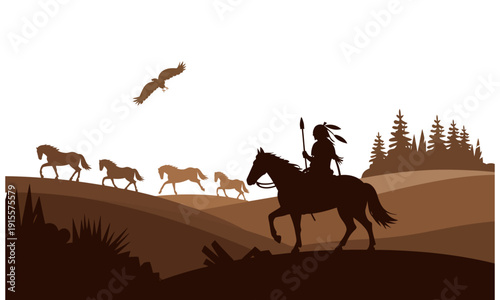 native american man riding horse with horses and eagle flying overhead in landscape with trees and hills