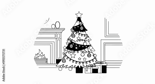 Cozy interior with decorated Christmas tree, fireplace, and gifts