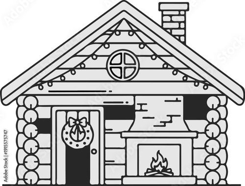 Cozy log cabin with Christmas wreath and glowing fireplace