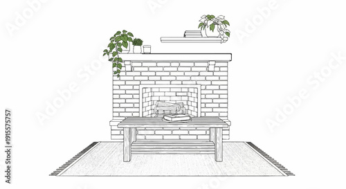 Cozy fireplace with wooden coffee table and potted plants